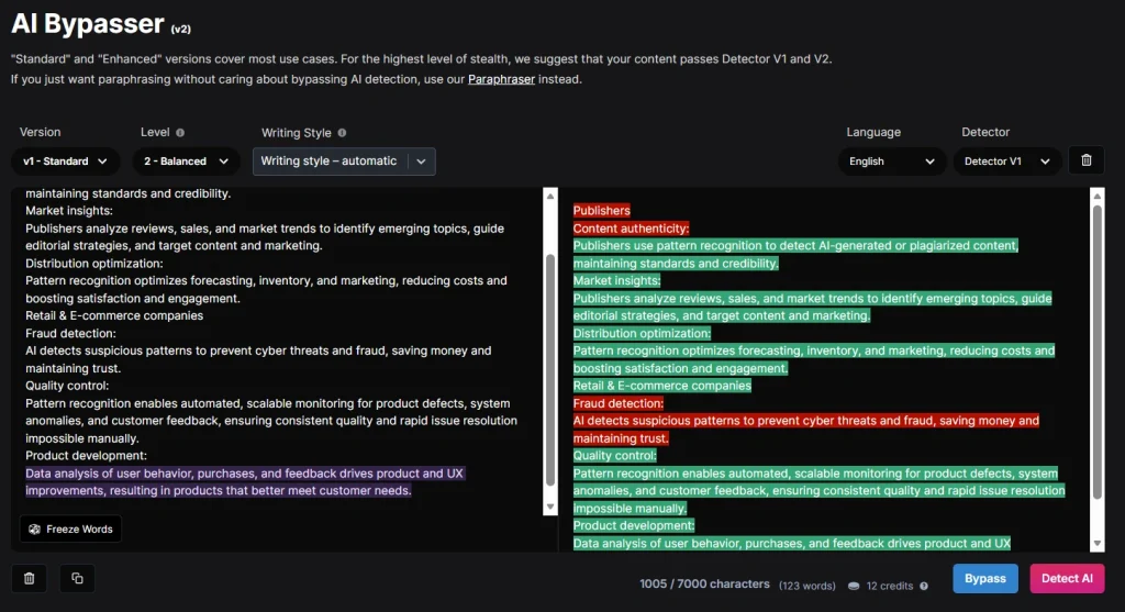 Netus AI Bypasser V2 interface showing AI Detector toggle, 7000-character input limit and version dropdown.